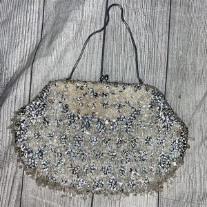 Vintage sequin & tassel beads hand held clutch w/snap close & silver cord strap